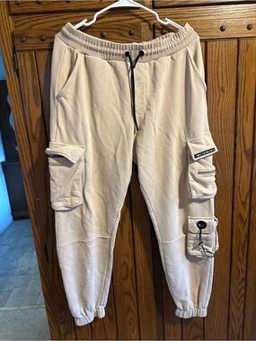 Men's Beige Heavyweight Fleece Cargo Joggers XL Gorpcore Streetwear Utility